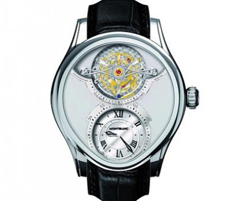 Đồng hồ Montblanc Platinum Grand Tourbillon Heures Mysterieuses có giá 365.750 USD. Vỏ đồng hồ làm từ bạch kim với đường kính 47 mm và dày 14,4 mm. Phần dây đeo làm từ da cá sấu màu đen. Đồng hồ có khả năng chịu nước ở độ sâu tới 30m.